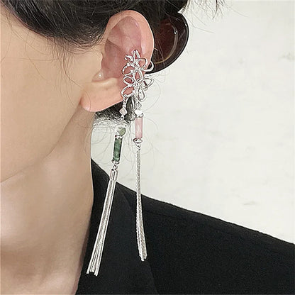 sengpan Vintage Chinese Style Artificial Jade Tassel Flower Ear Clip No Piercing Earring Trendy Punk Metal Ear Cuff Clip Earring