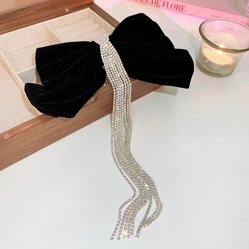 sengpan Velvet Inlaid Rhinestone Pearl Bow Hair Clip for Women Korean Fashion Exaggerated Hair Claws Exaggerated Hair Accessories