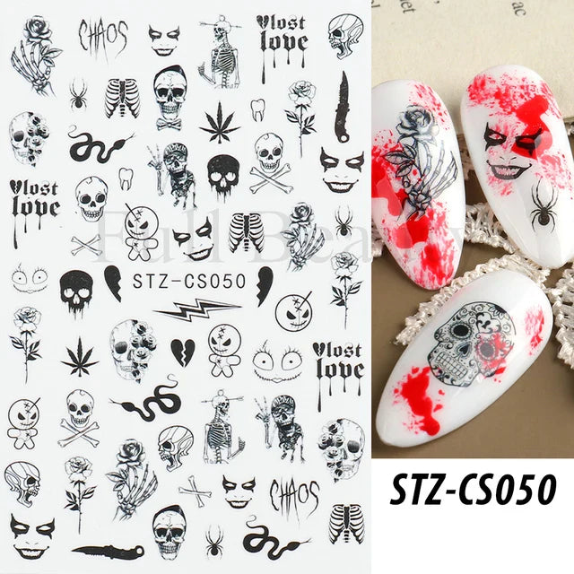 sengpan 3D Halloween Nail Art Stickers Horror Ghost Skull Evil Eye Anime Decals Bloody Rose Sticker for Nail Manicure Decoration LEBF956