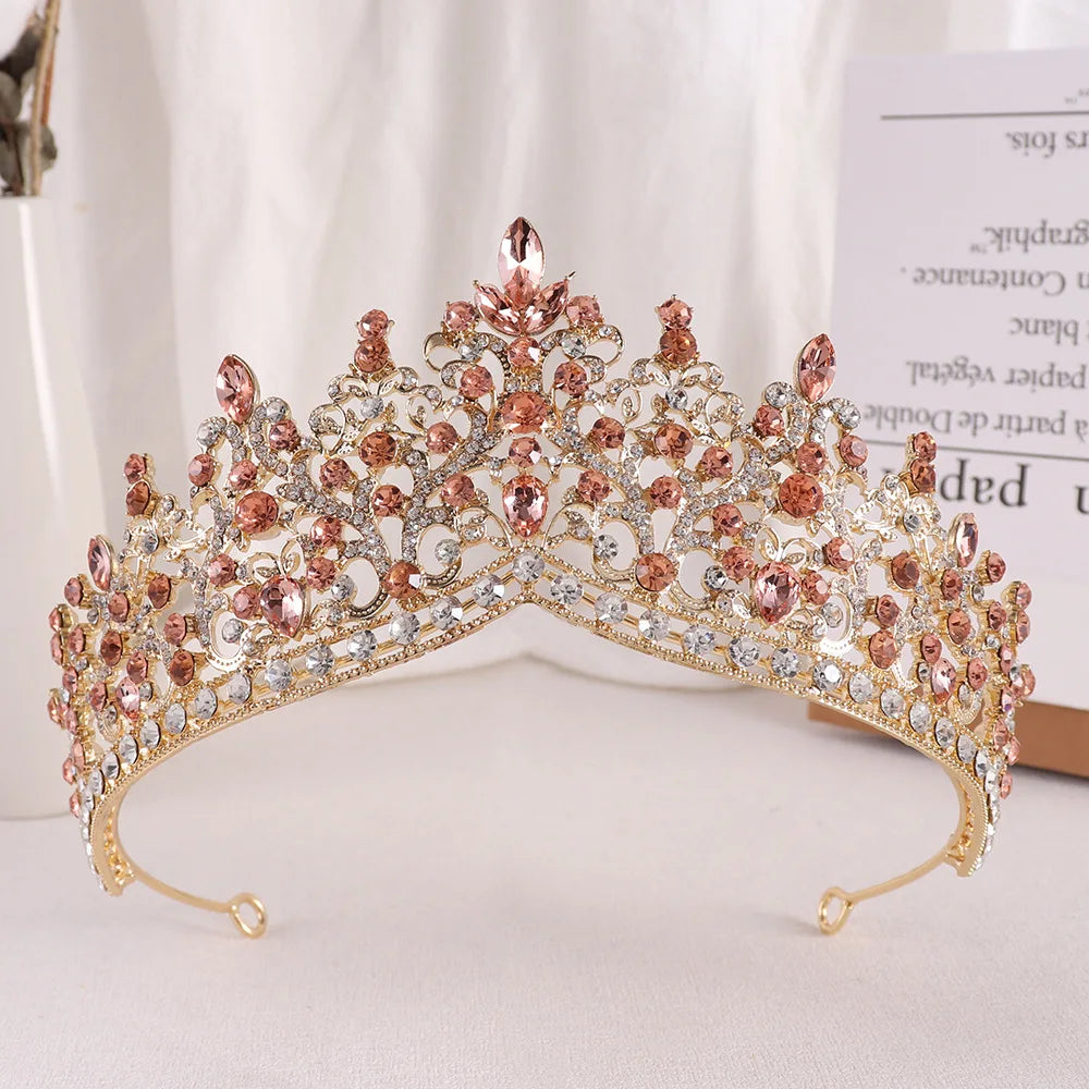 sengpan  Baroque Pink Crystal Beads Tiara Crown Headwear For Women Girls Wedding Party Princess Bridal Queen Hair Accessories