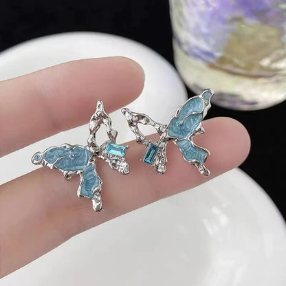 sengpan Blue Crystal Butterfly Earrings Women Fashion Trend Stud Earrings Female Korean Jewelry