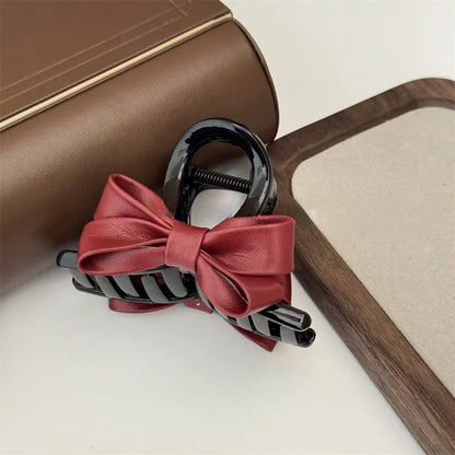 sengpan New Autumnand Winter Chrismas Decor Fashionable Ankorra Red PU Leather Butterfly Hair Tie Hair Clip Red Hair Accessories BowKnot