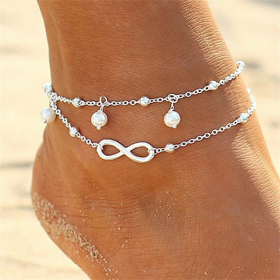 sengpan Simple Heart Boho Anklet Bracelets For Women Summer Holiday Beach Chain Bead Ankle Bracelet On Leg Foot Wedding Party Jewelry