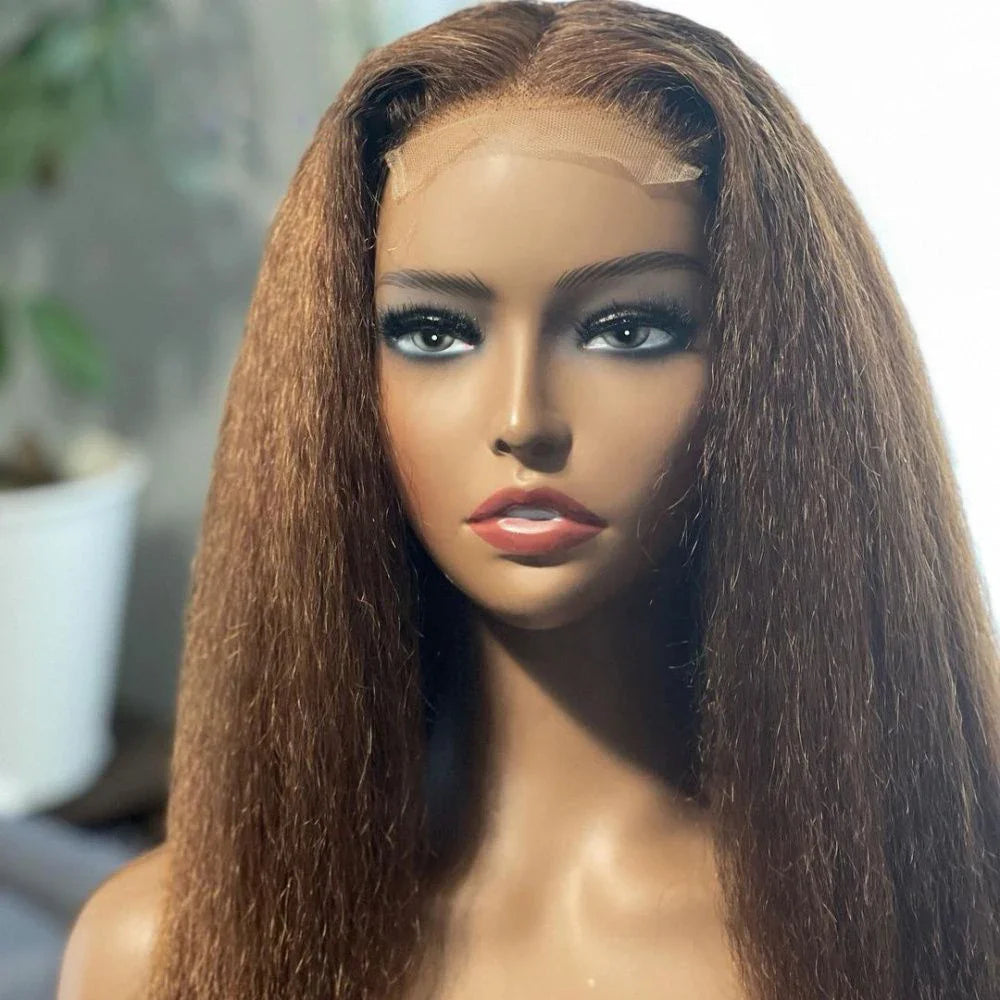 sengpan Brown Glueless 180%Density Synthetic 26Inch Long Kinky Straight Lace Front Wig For Black Women Babyhair Preplucked Daily