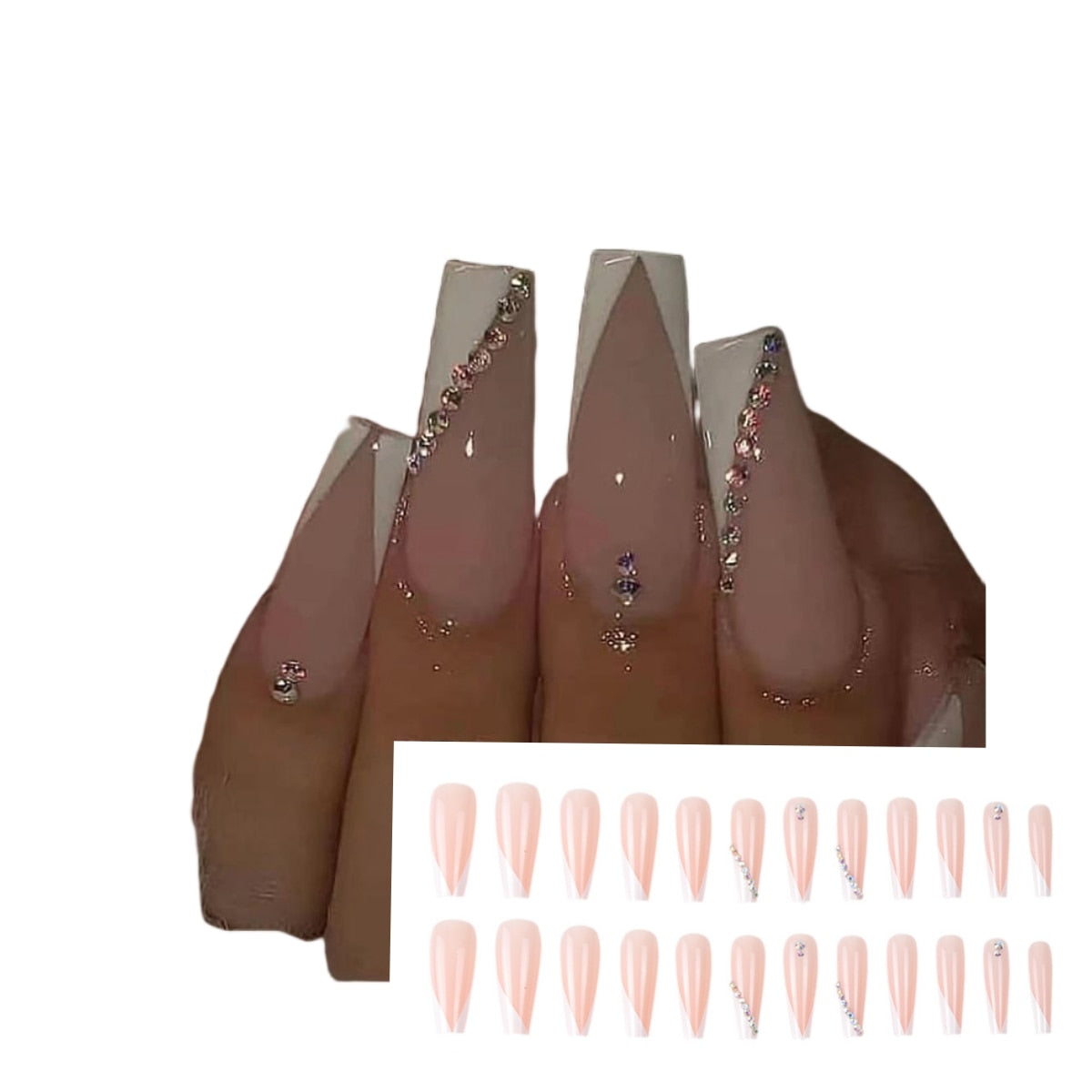 sengpan 24Pcs Long Ballet French Girls Nail Art White Fake Nails Manicure Press On Nails False With Designs Artificial Wearing Reusable