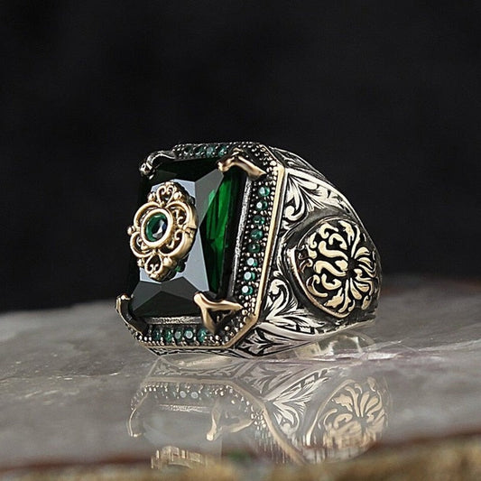 sengpan vintage Handmade Turkish Signet Ring For Men Women Ancient Silver Color Carved Eagle Ring Green Zircon Inlay Punk Motor Biker