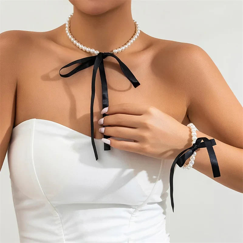 sengpan Korean Romantic Imitation Pearl Beaded Choker Fashion Black Velvet Adjustable Bow Necklace Banquet Wedding Jewelry