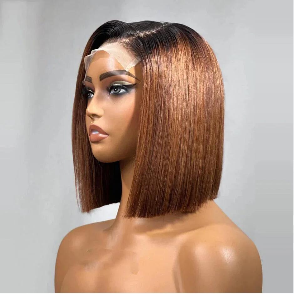 sengpan Soft 180Density Short Bob Ombre Brown Blonde Glueless Straight Lace Front Wig For Black Women BabyHair Preplucked Daily Cosplay