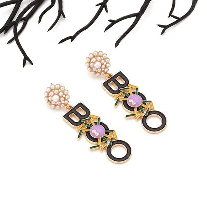 Lianfudai Metal Imitation Pearl BOO Spider Dangle Earrings for Women New Trend Quirky Design Jewelry Halloween Party Accessories