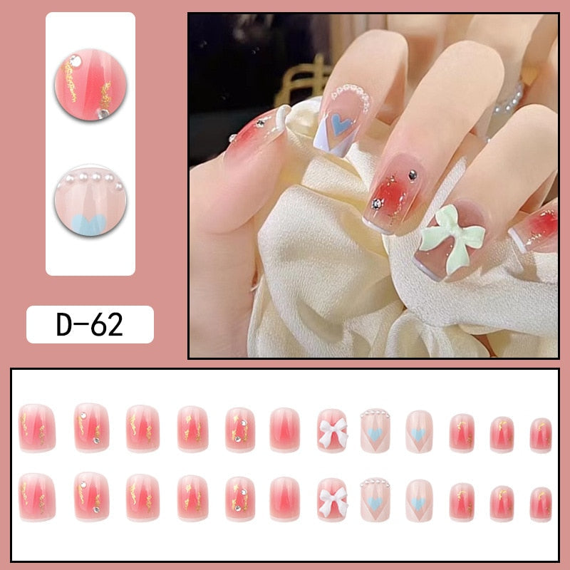 sengpan 24pcs French Point Diamond Fake Nails Wearing Artificial Square Head Press On Acrylic Nail Art Pearl Patch Almond False Nails