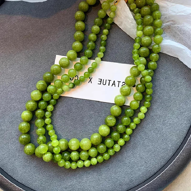 Lianfudai French Style Green Natural Stone Necklace for Female Summer Handmade Beaded New Chinese Style Neck Chain