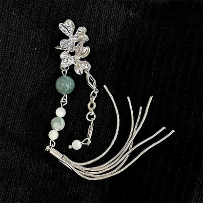 sengpan Vintage Chinese Style Artificial Jade Tassel Flower Ear Clip No Piercing Earring Trendy Punk Metal Ear Cuff Clip Earring