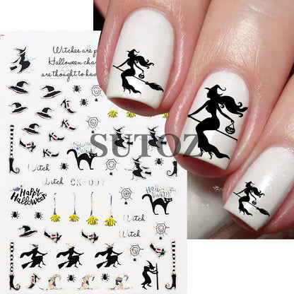 sengpan Embossed 3D Witches Nails Stickers Gold Black Witche Broom Boots Relief Design DIY Halloween Dark Style Manicure Decal CK-007