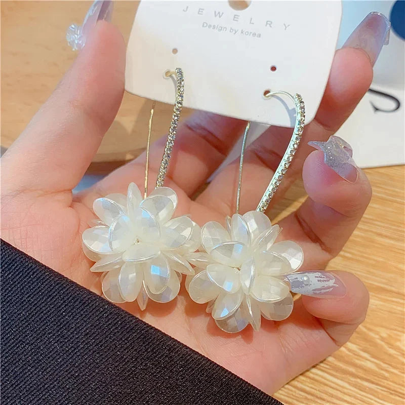 sengpan Summer Long Flower Earrings Hand-made Pearl Beaded Korean Fashion Shiny Earrings Sweet Jewelry Gifts