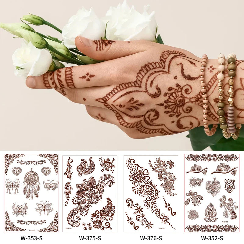 sengpan Brown Henna Lace Temporary Tattoos Sticker For Women Mehndi Stickers for Hand Neck Body Feather Flora Henna Tattoo Waterproof