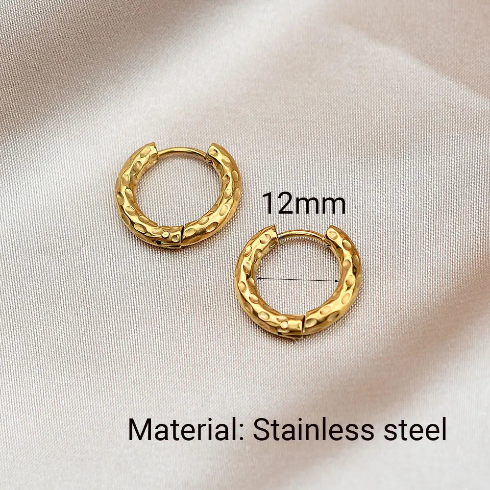 sengpan 2Pcs Women's Trendy Stainless Steel Hoop Earrings Simple Gold Color Round Helix Earrings Ear Lobe Piercing Jewelry Hoops 12/16mm