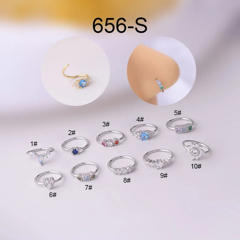 sengpan 1PC 0.8x8mm Hoop Nose Rings for Women Fashion Colorfull Zircon Heart Flower Nostril Nose Septum Ring Cartilage Piercing Jewelry