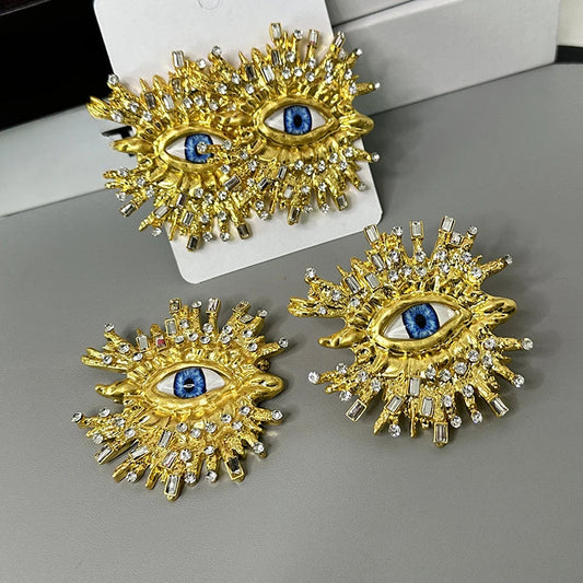 sengpan Exaggerated Sparkling Crystal Eye Earrings Retro Luxury Open Ring Brooch Earring Set