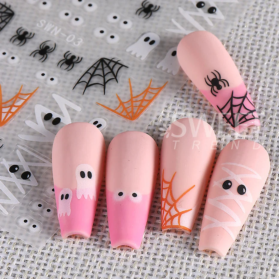 sengpan 3D Halloween Nail Stickers Cartoon Mummy Bandages Ghost Eyes Pumpkin Spider Web Blood Drops DIY Winter Matte Nail Art Decoration