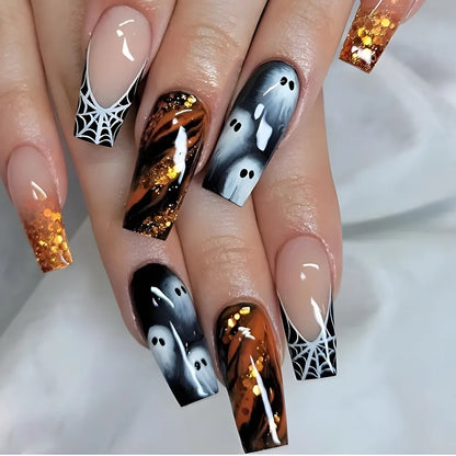 Lianfudai 24pcs Short Halloween Fake Nails Cute Pumpkin Cat Ghost False Nail Patch Full Cover Wearable Fake Nail Tips 2024 Halloween Gifts