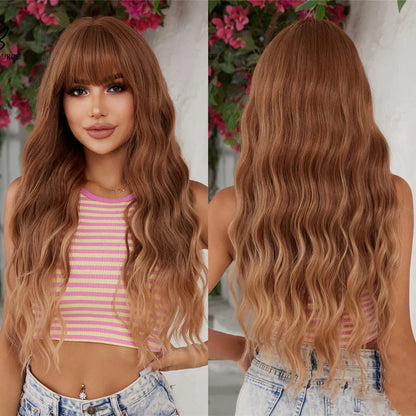 sengpan  Brown Highlight Long Wave Wigs for Women Synthetic Wig with Bangs Ombre Mixed Color Natural Looking Hair for Daily