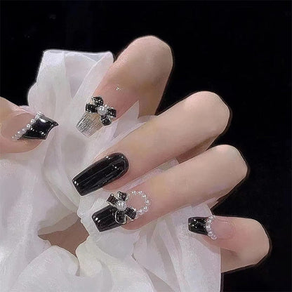 sengpan 24Pcs Black Bow Detachable Fingernails Ballerina Wearable Fake Nails Press on Square Head False Nails Full Cover Nail Tips