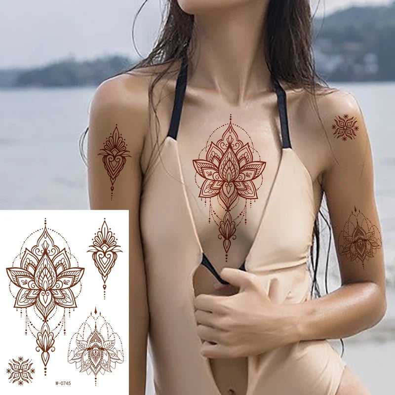 sengpan Brown Henna Temporary Tattoos for Women Henna Sticker for Hand Fake Tatoo Women's Body Protection Tattoo Dulhan Moroccan Design