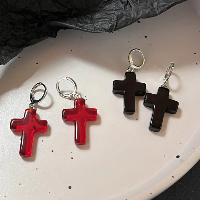 sengpan Punk Vampire Red Cross Glass Pendant Earrings for Men and Women's Punk Party Jewelry