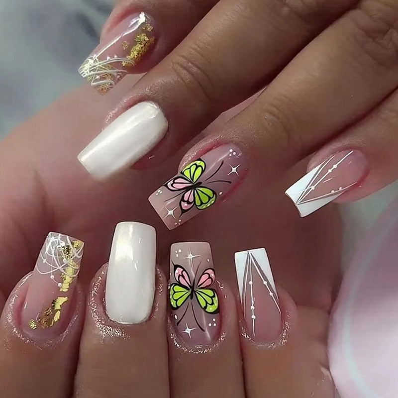 Lianfudai current nail trends 2023  24Pcs Mid-lengrh Ballet False Nails French Butterfly Design Press on Nails with Gold Foil Wearable Square Fake Nail Tip Manicure