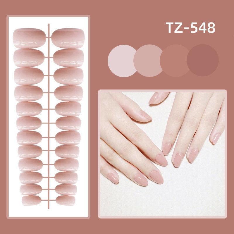 sengpan 24Pcs/Set Long Round Head Bright Solid Color Press On Acrylic Nail Art Fake Nails Finished Wearing Manicure Reusable False Nails