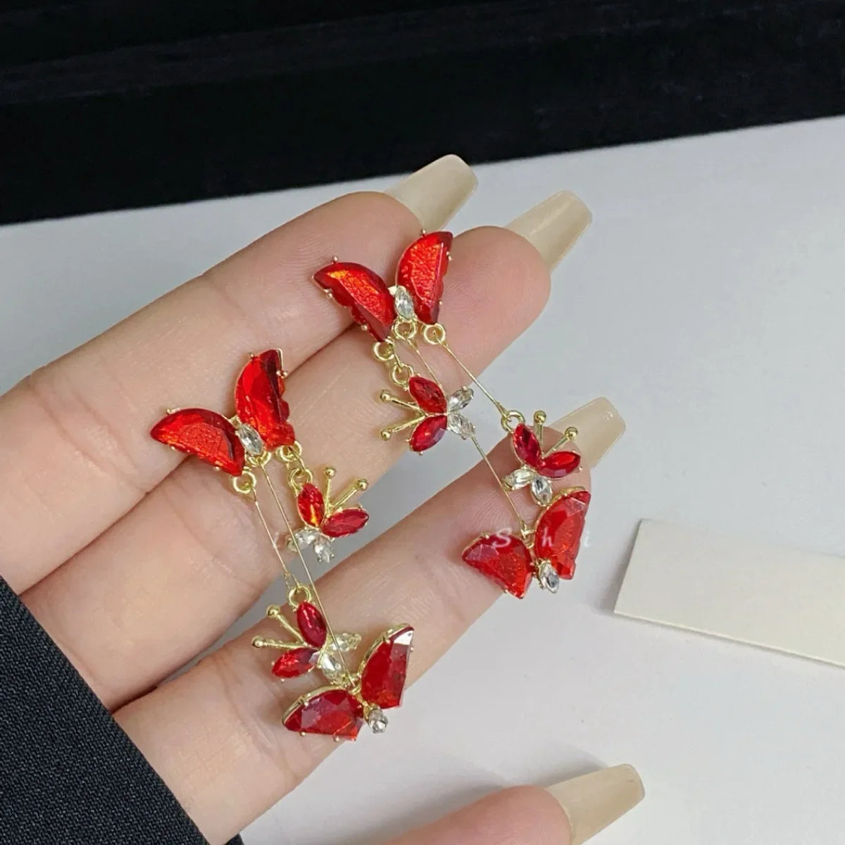 sengpan Red Butterfly Glass Long Pendant Earrings for Womne Wedding Party Jewelry