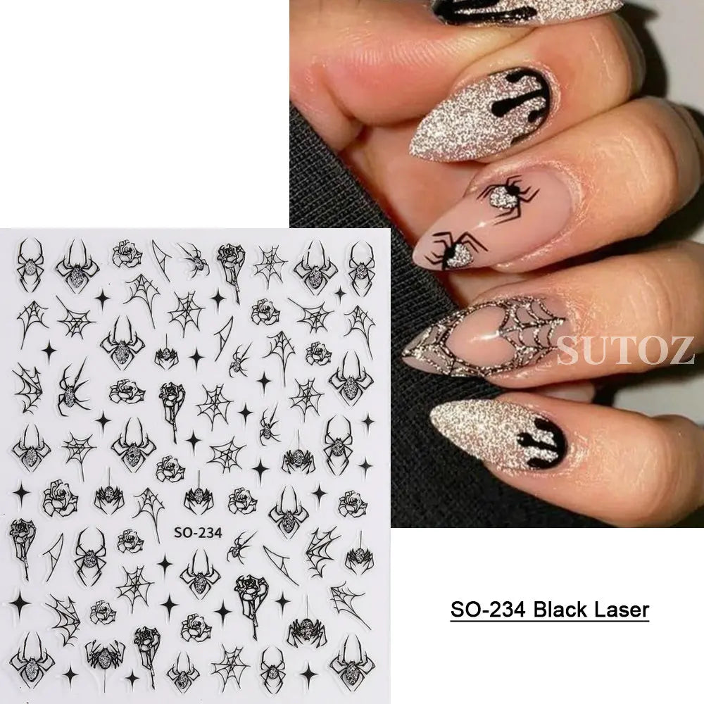 sengpan 5D Embossed Halloween Nail Stickers Skull Chams Spooky Flower Ghost Nail Decals Spider Web Skeleton Sliders for Manicure NTJI-5D