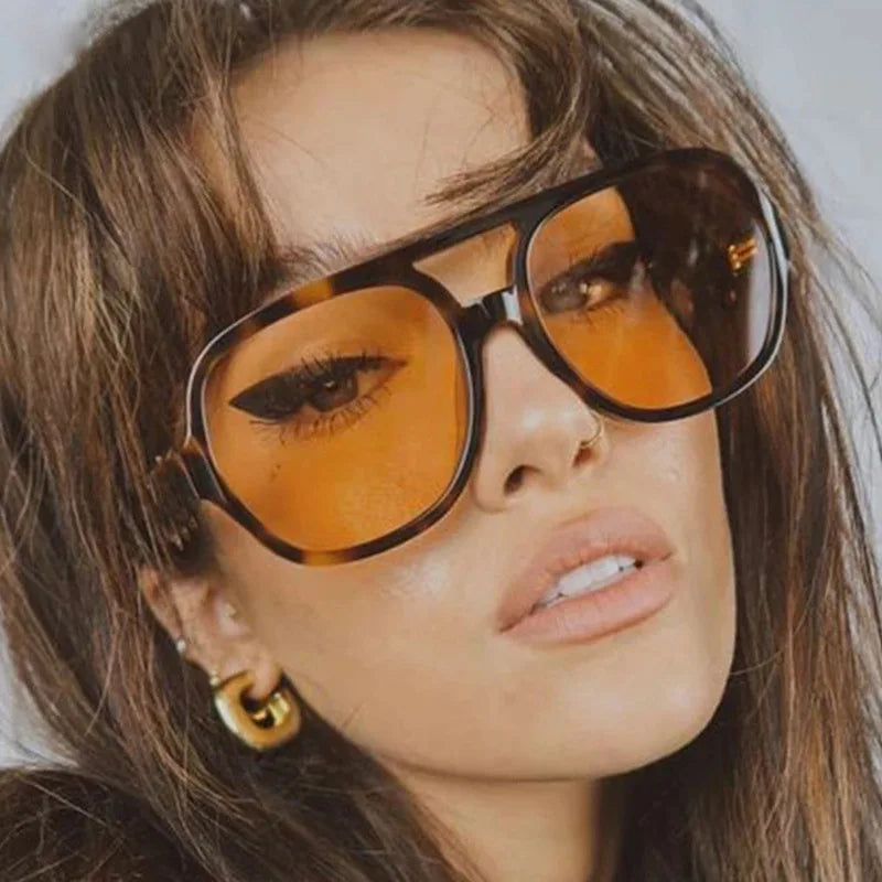 sengpan Fashion Pilot Oversized Sunglasses Woman Personality Double Bridges Sun Glasses Female Retro Leopard Orange Mirror Eyewear