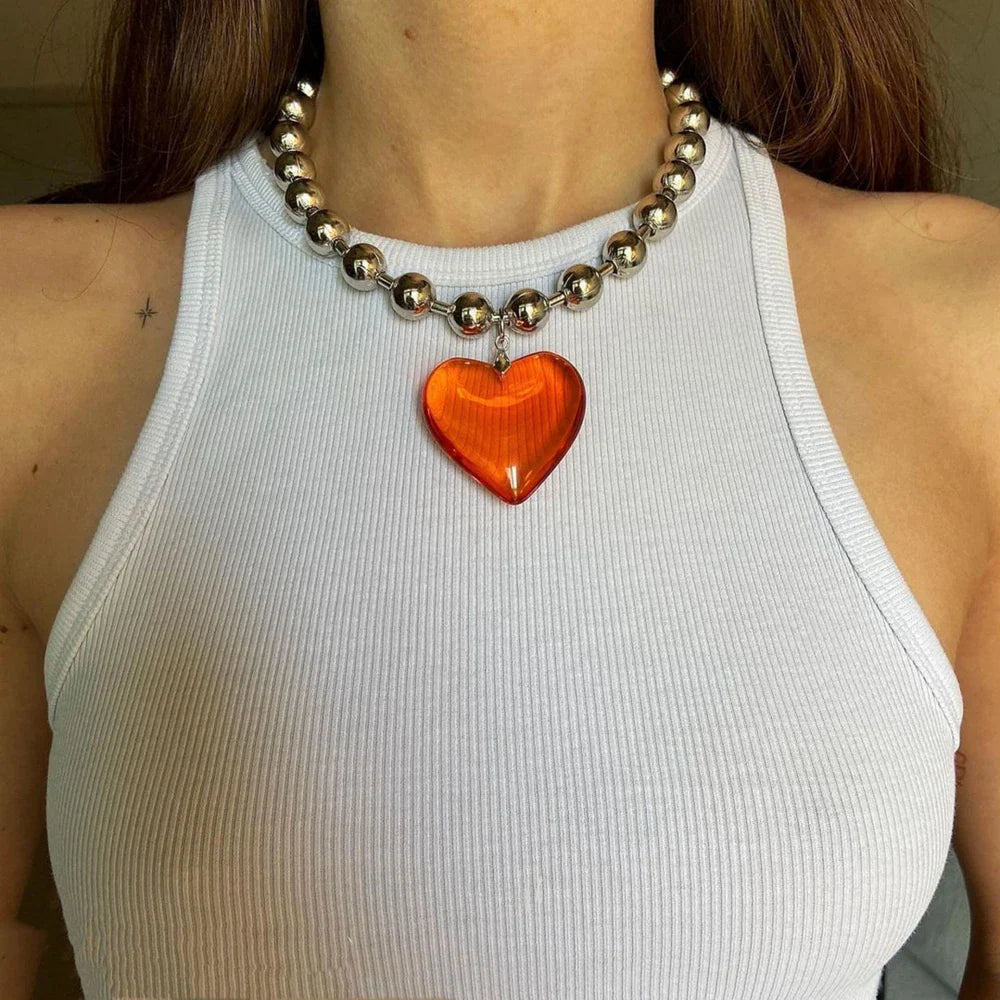 sengpan Grunge Fashion Glass Heart Pendant Necklace Y2K Ball Beads Chain Statement Choker Necklace for Women Club Punk Jewelry