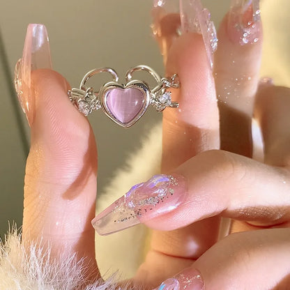 Lianfudai Pink Love Heart Rings for Women Opening Personality Thorn Finger Ring Fashion Sweet Girls Jewelry Wedding Party Accessories 2023