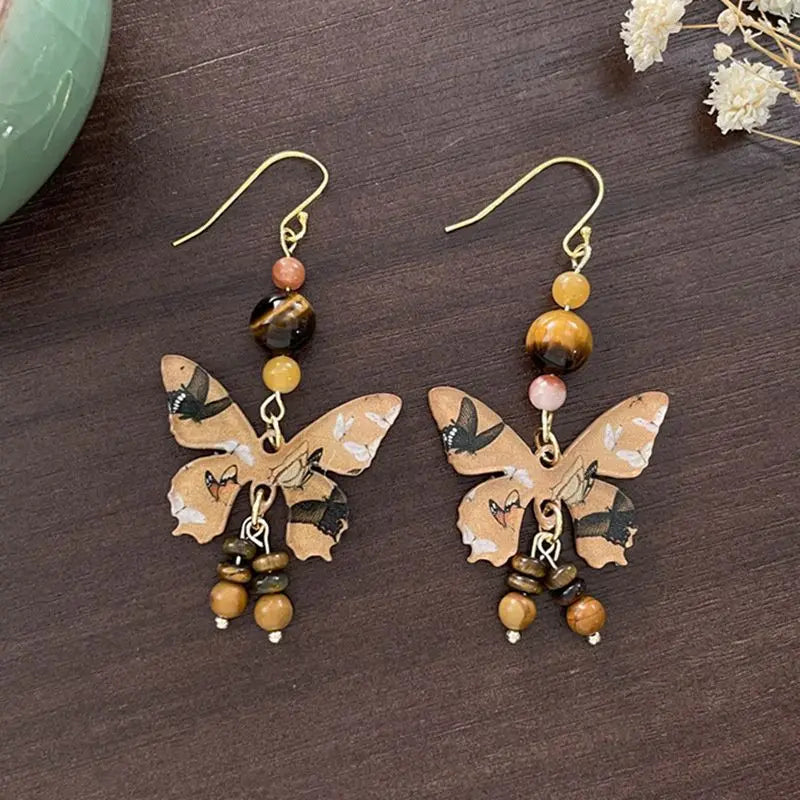 sengpan Butterfly Earrings Senior Sense Light Luxury Niche Earrings Tiger Eye Stone Earrings Female Ancient Style Accessories Wholesale