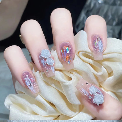 sengpan 24pcs Wearable Pink Press On Fake Nails Tips With Glue false nails design Butterfly Lovely Girl false nails With Wearing Tools