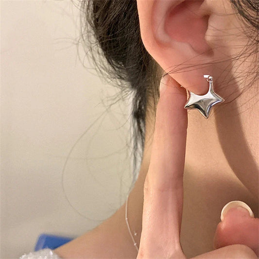 sengpan Silver Color Metal Star Hoop Earring for Women Fashion Vintage Simple Earring Aesthetic Jewelry Wedding Party Accessories