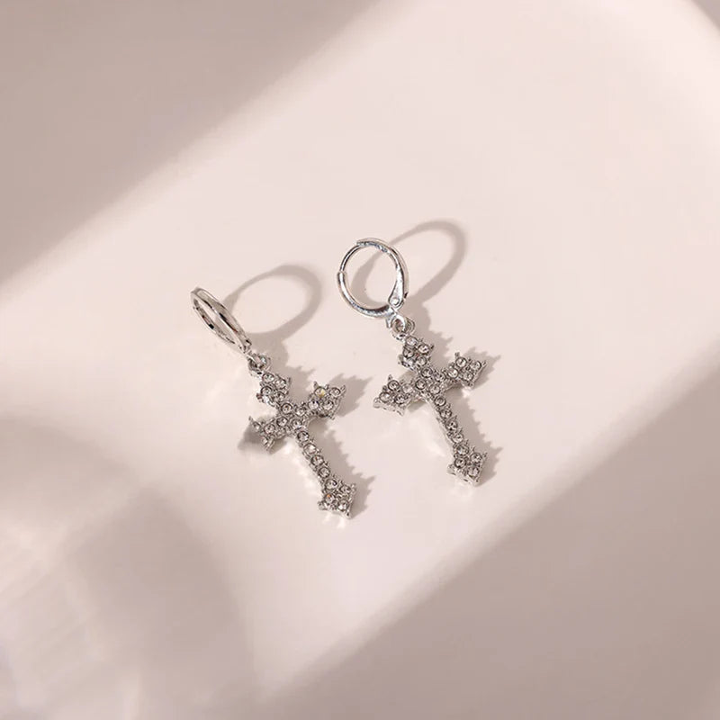 sengpan Rhinestone Cross Charm Drop Earrings for Women Fashion Gothic Earring Crystal Dangle Earrings Cute Party Gift