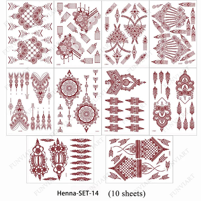 sengpan 9Pcs Brown Henna Temporary Tattoos for Women Henna Tattoo Sticker for Hand Body Art Moroccan Mehndi Design Tattoo Fake Hena