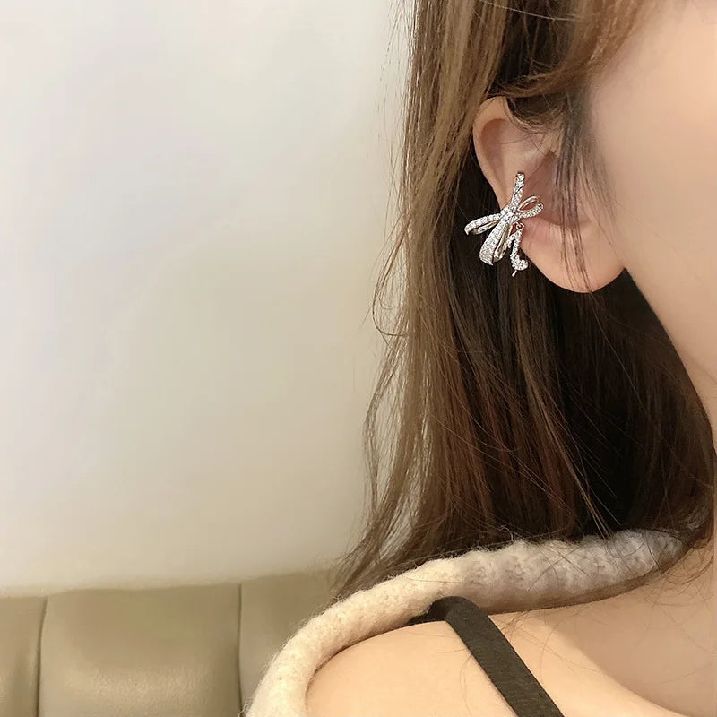 sengpan One Piece Micro-inset Zircon Bow music notation Ear Clips Without Piercing Crystal Earring