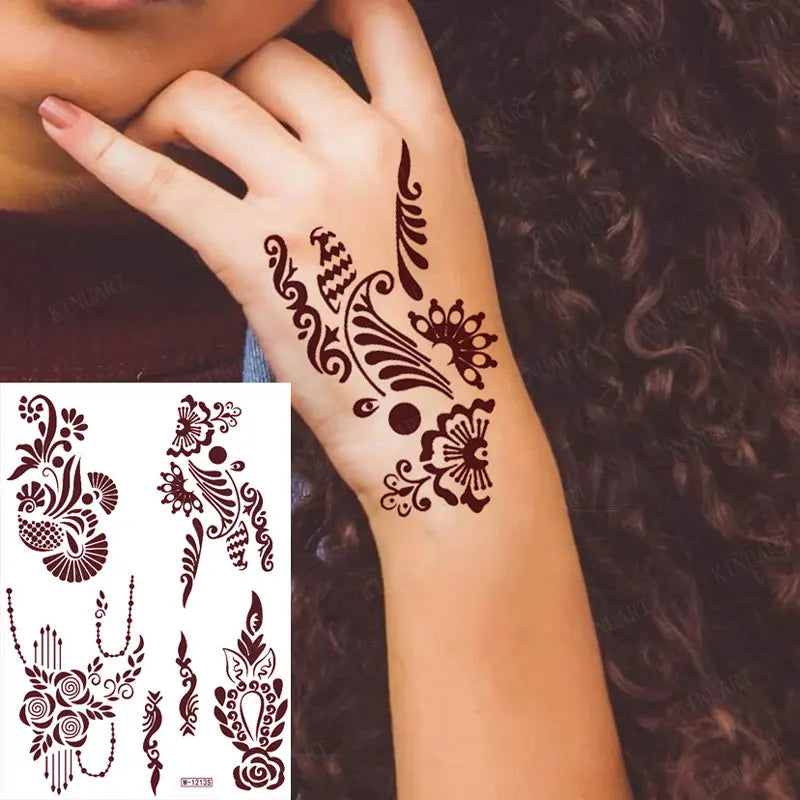 sengpan Brown Henna Stickers for Hand Flower Temporary Henna Tattoos for Women Fake Tatoo Waterproof Mehndi Designs Wedding Tattoo Hena