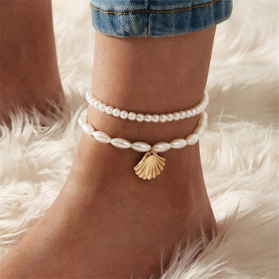 sengpan Simple Heart Boho Anklet Bracelets For Women Summer Holiday Beach Chain Bead Ankle Bracelet On Leg Foot Wedding Party Jewelry