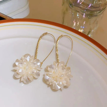 sengpan Summer Long Flower Earrings Hand-made Pearl Beaded Korean Fashion Shiny Earrings Sweet Jewelry Gifts