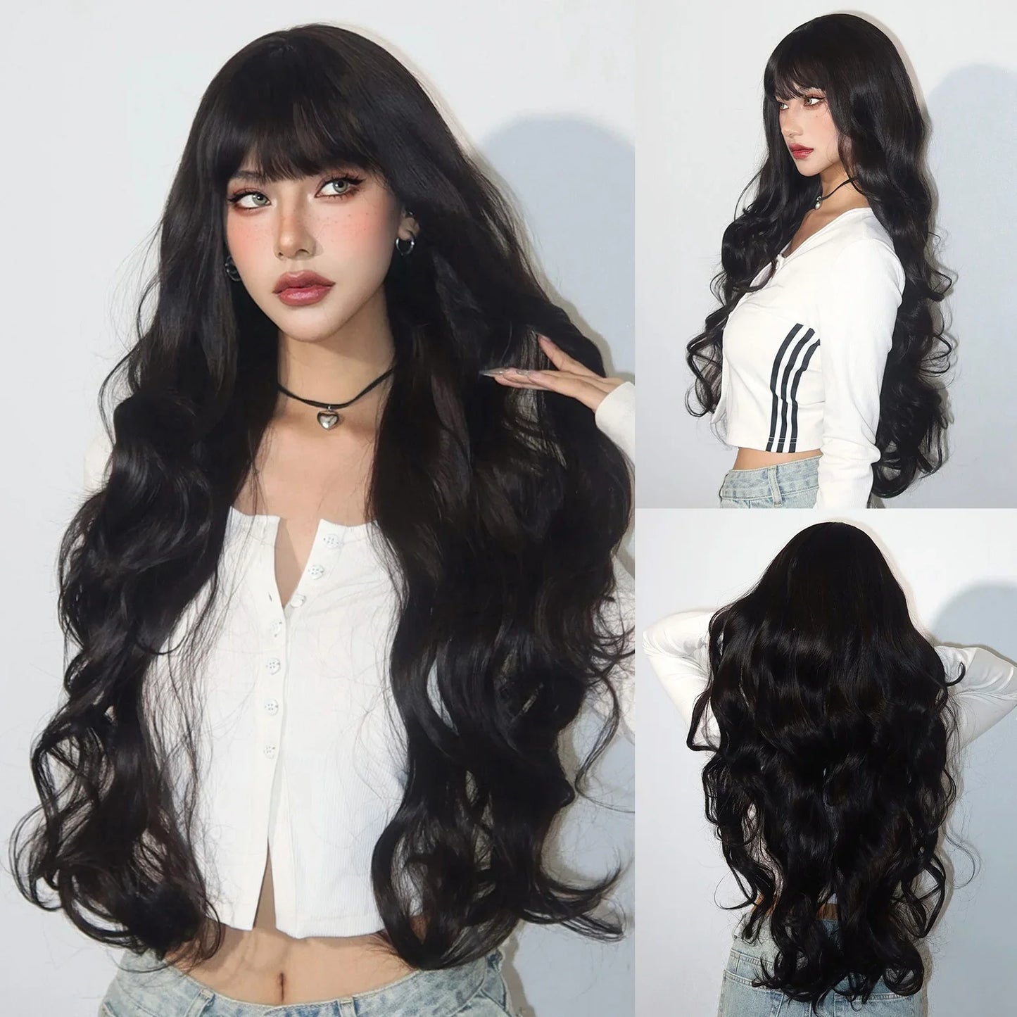 sengpan Orange Blonde Ombre Long Wavy Synthetic Wigs with Bangs Party Cosplay Wig for Women Natural Fake Hair Heat Resistant