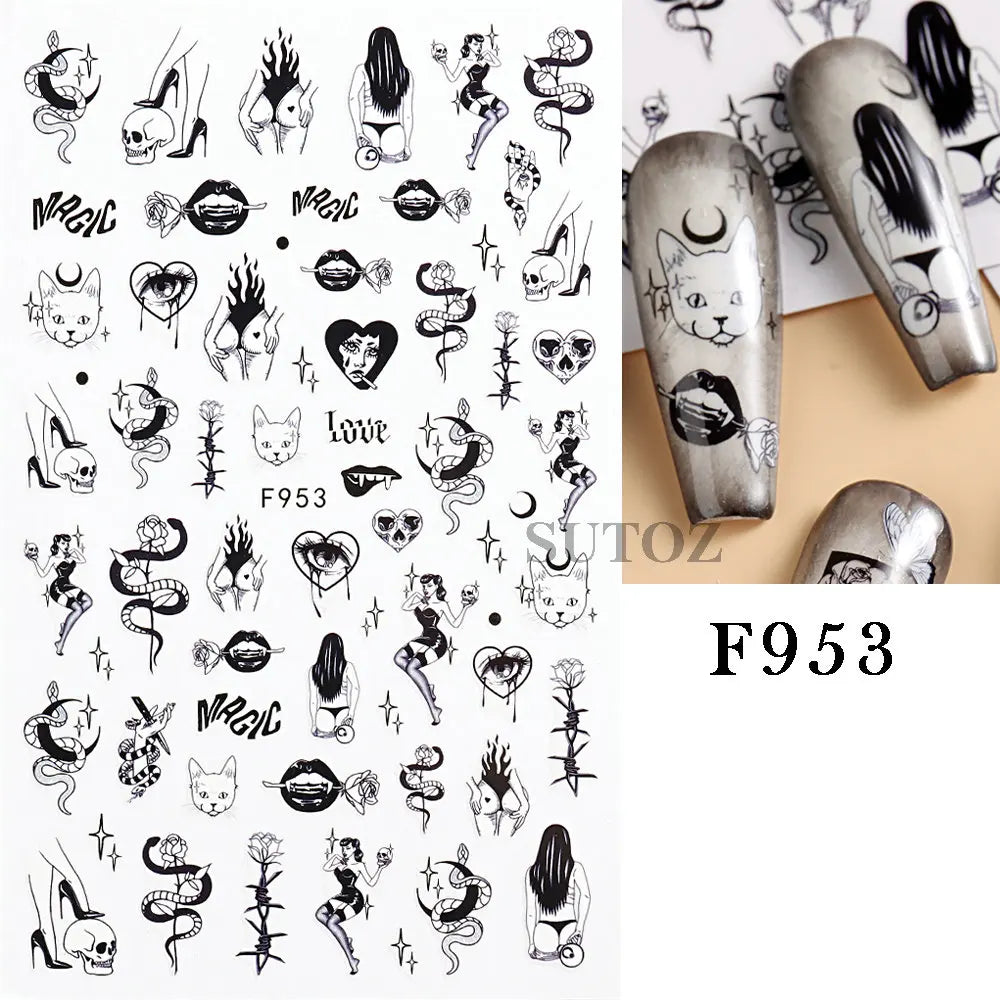 sengpan 3D Halloween Nail Art Stickers Horror Ghost Skull Evil Eye Anime Decals Bloody Rose Sticker for Nail Manicure Decoration LEBF956