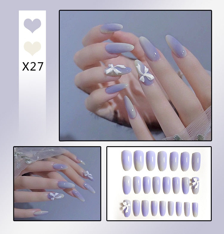 sengpan 24Pcs French With Drill Short Fake Nails Press On Nail Tips Artificial Full Cover Cute Bow Wearing False Nails Art Free Shipping