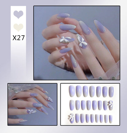 sengpan 24Pcs French With Drill Short Fake Nails Press On Nail Tips Artificial Full Cover Cute Bow Wearing False Nails Art Free Shipping