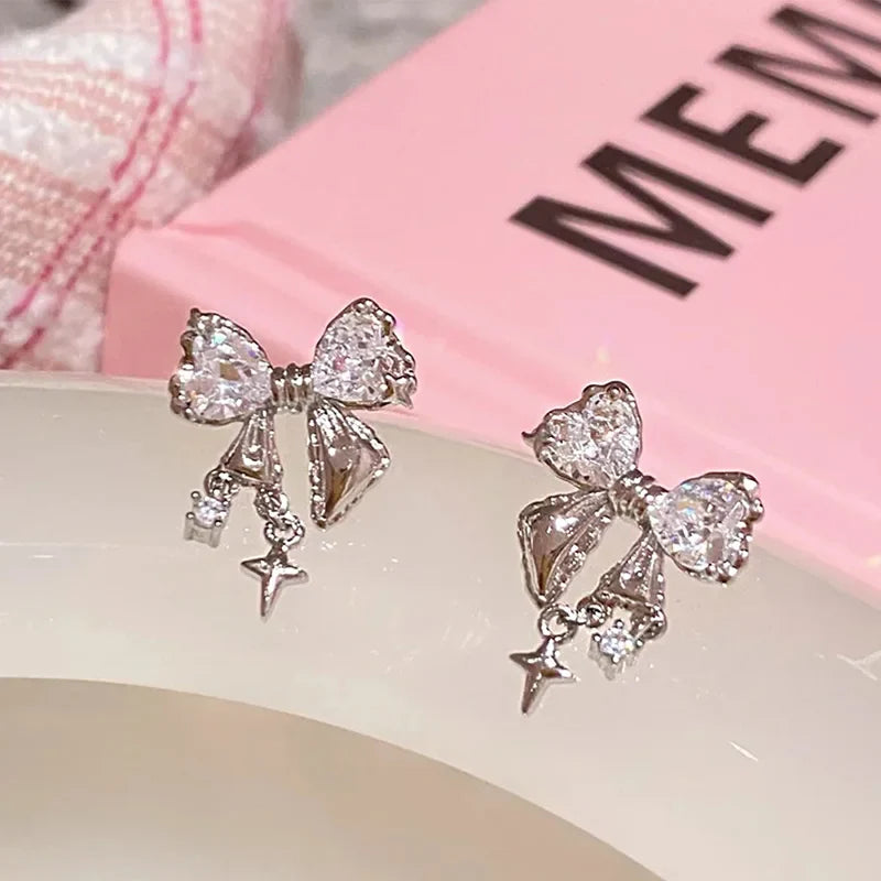 sengpan New Fashion Bling White Pink Ziircon Bow Earrings for Women High-end Needle Studs Sweet Elegant Party Jewelry Gifts