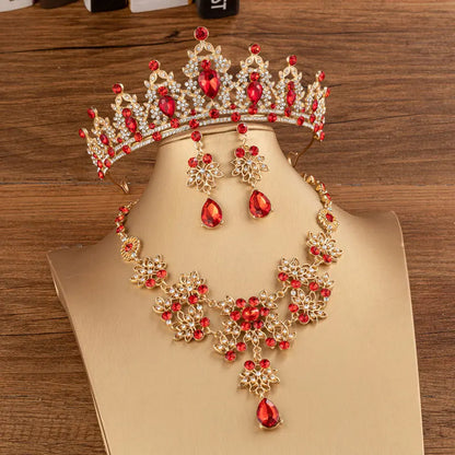 sengpan Baroque Bridal Crown Tiaras For Women Wedding Princess Queen Red Green Blue Crystal Tiaras Necklace Earrings Jewelry Sets